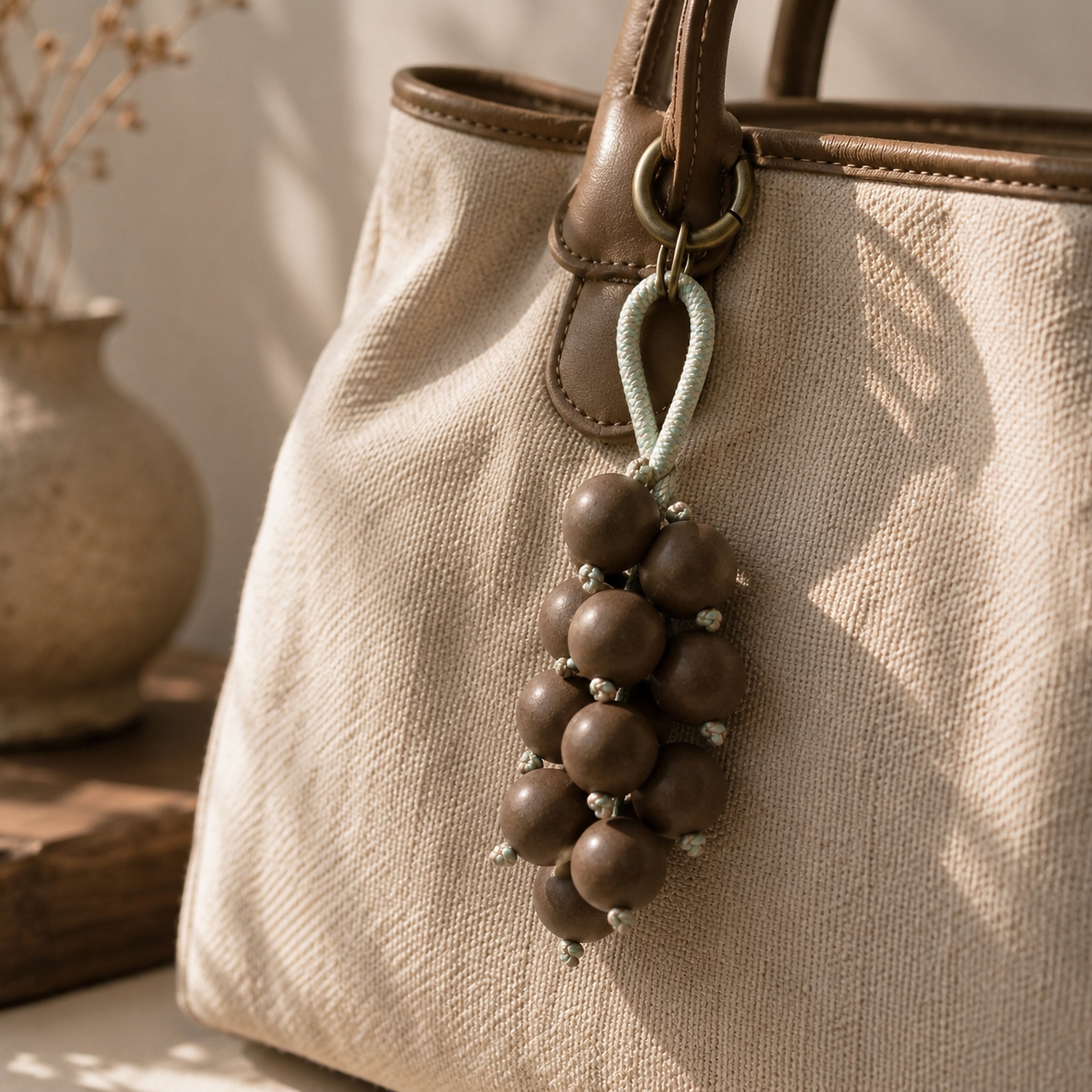Botanical bag scent charm hanging from a handbag