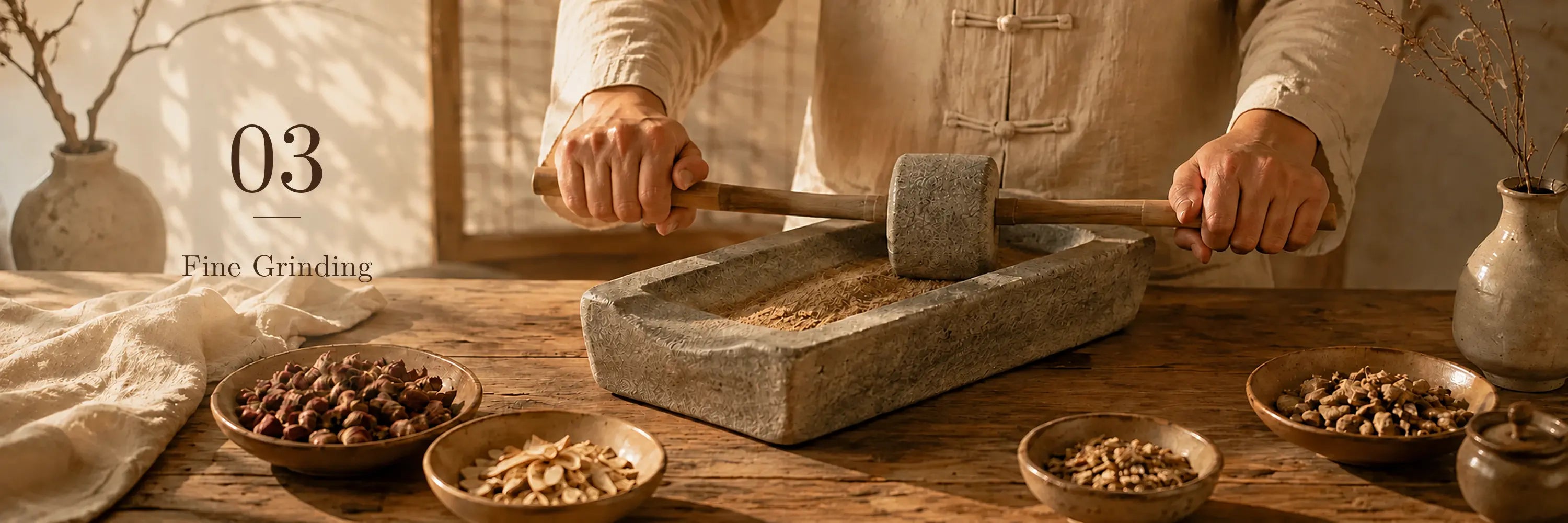 NUWARIA botanical scent jewelry craft process: fine grinding