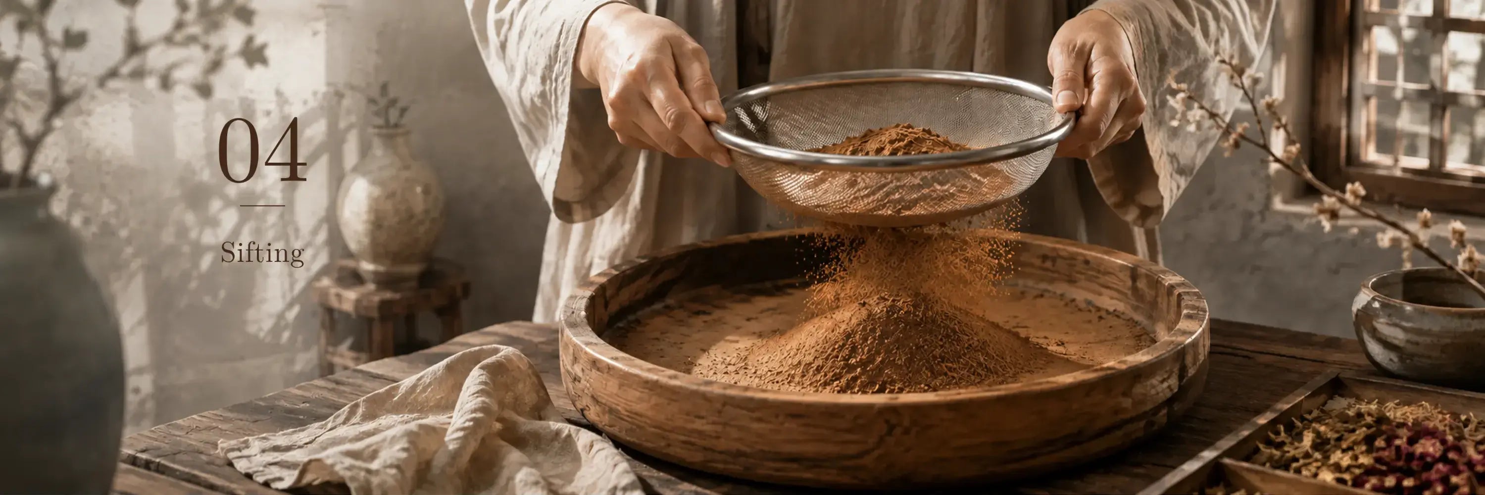 NUWARIA botanical scent jewelry craft process: sieving botanical material